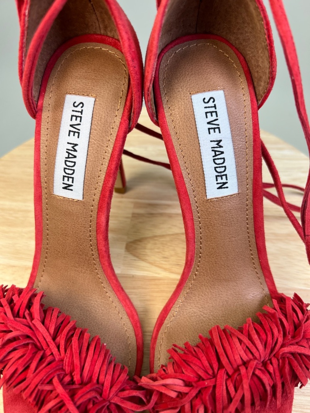 Steve Madden Red Suede Tassel Fringe Ankle-Tie Heels Sassey Size 5.5 - Picture 12 of 16